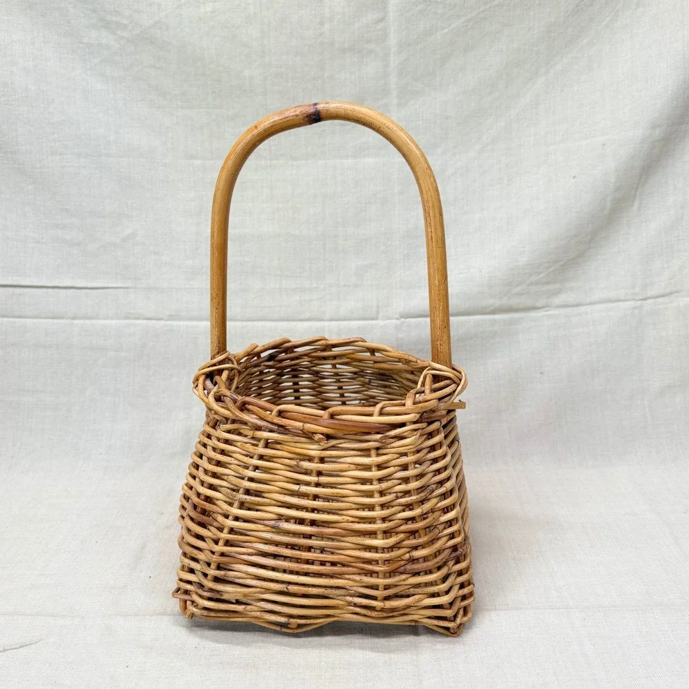 Vintage Wicker Gathering Basket with Handle English Cottage Shelf Decor
